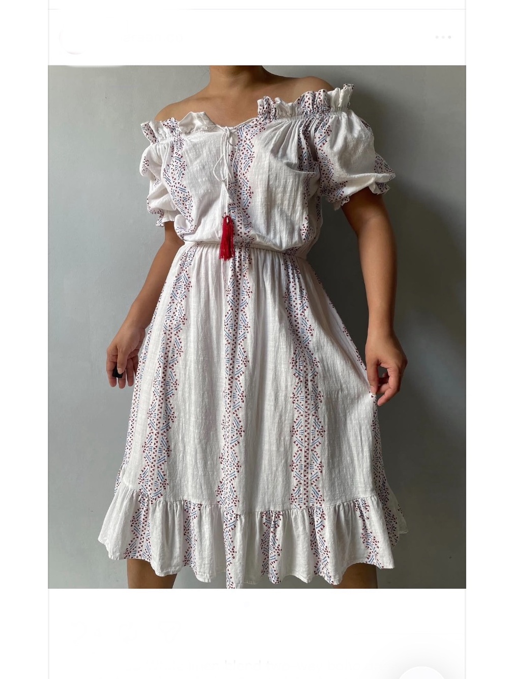 White Ruffled Midi Peasant Bohemian Cotton Dress with Red Tassels One Size (S-M)